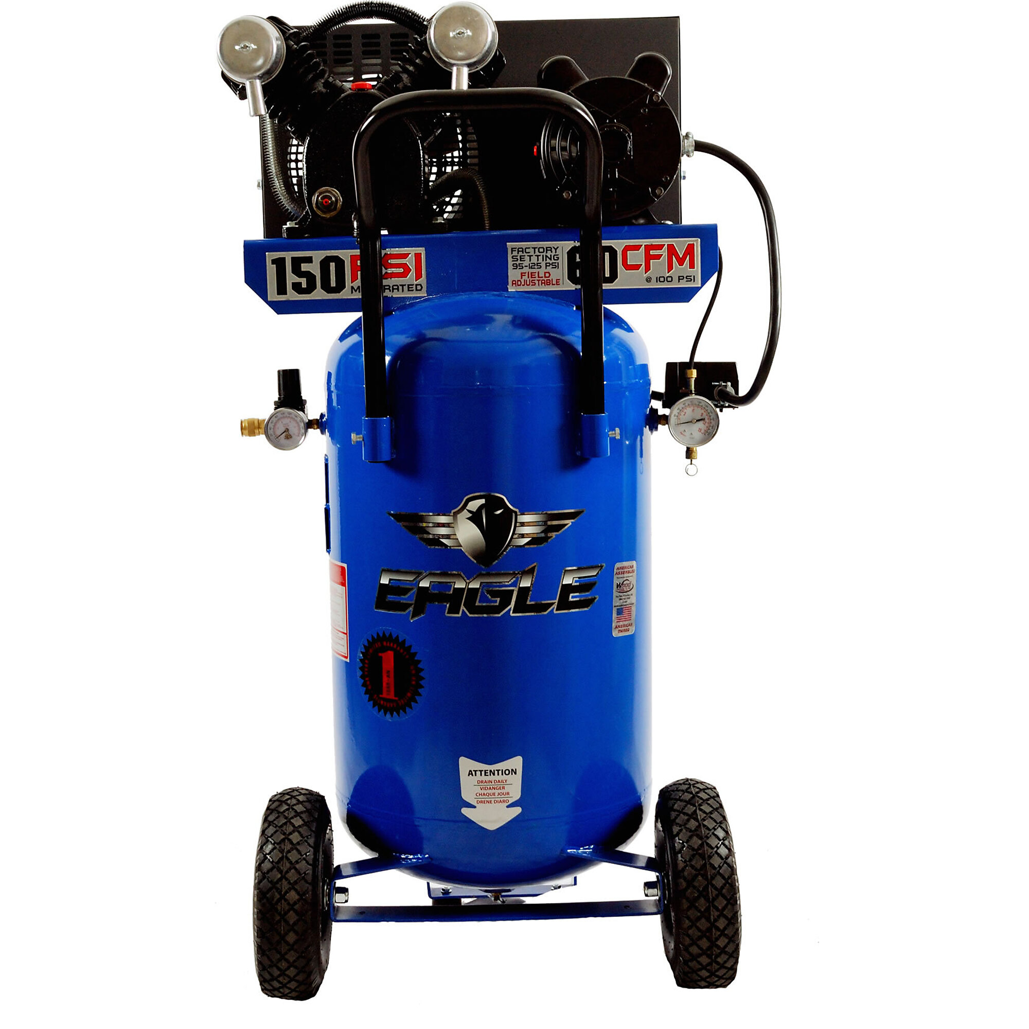 EAGLE, 24 Gallon Vertical Air Compressor, Horsepower 3 HP, Air Tank Size 24 Gal, Volts 110 or 220 Volt, Model# P3124V1